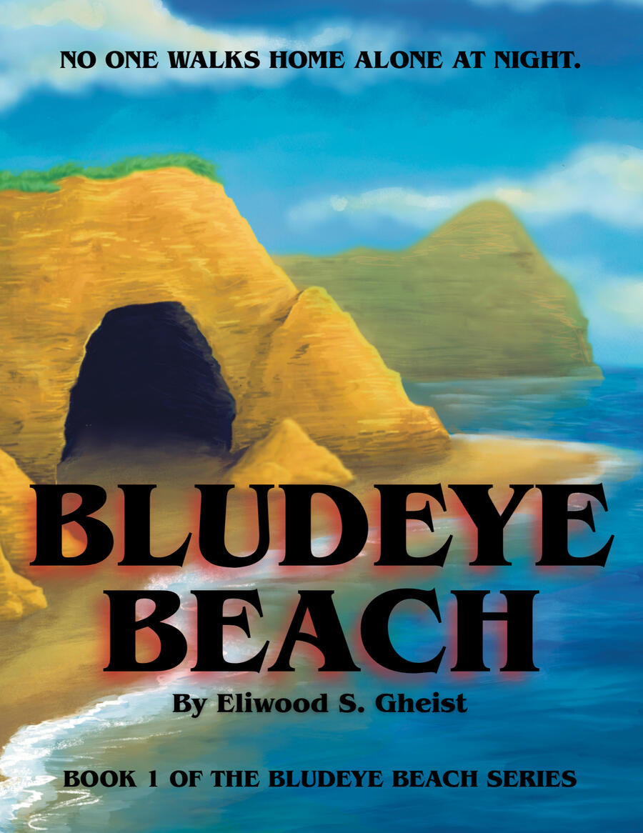 Bludeye Beach A sandy beach in the evening with a single lamp post, with a picture of a young man and a young woman at the top. The text reads "There's a dark undercurrent in this seaside town. Bludeye Beach No one walks home alone at night."