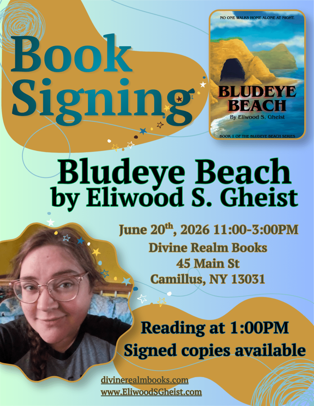 Book Signing Bludeye Beach by Eliwood S.Gheist June 20th 11-3pm Reading at 1pm Signed copies available